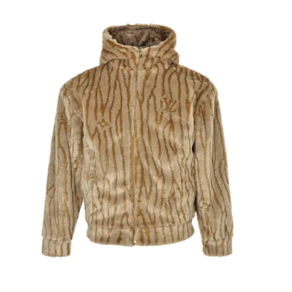 Louis Vuitton Tonal Logo Faux Mink Stripe Hooded Zip Jacket – Camel